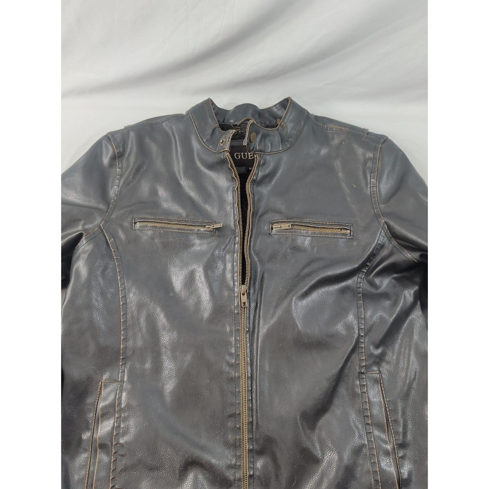 Guess Jacket Men's Heavy Med Brown Faux Leather Moto Bomber Style Sherpa Lined